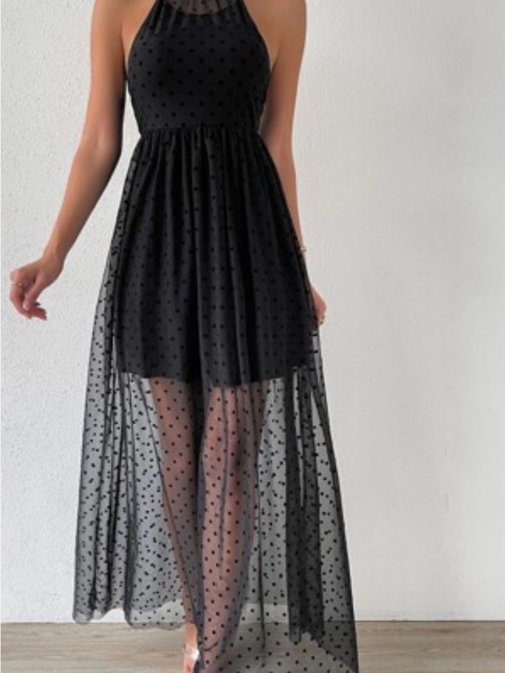 Black Polka Dot Sheer Overlay Halter Dress